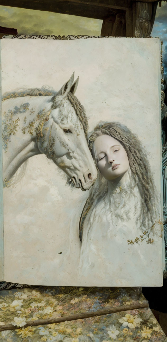 Serene woman and horse portrait with intricate detailing