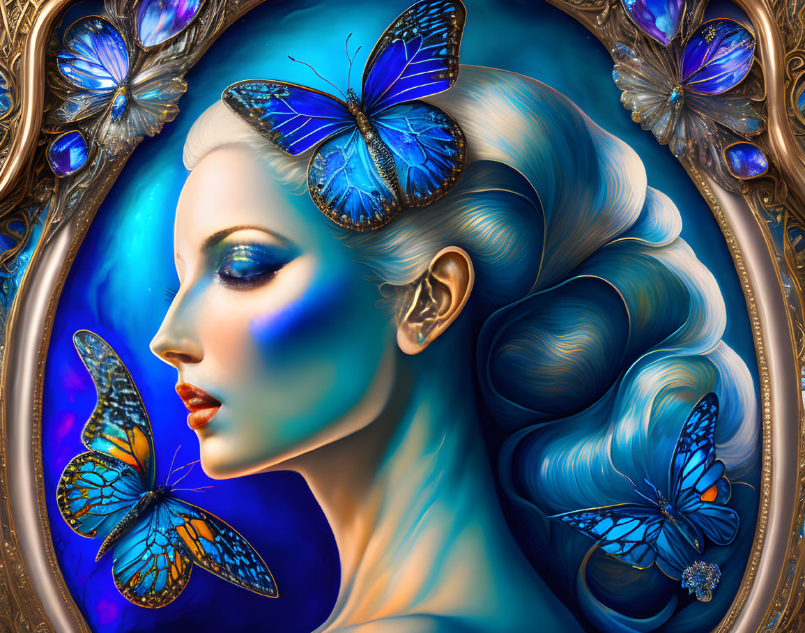 Blue-skinned woman portrait with swirling hair and butterflies in ornate golden frame