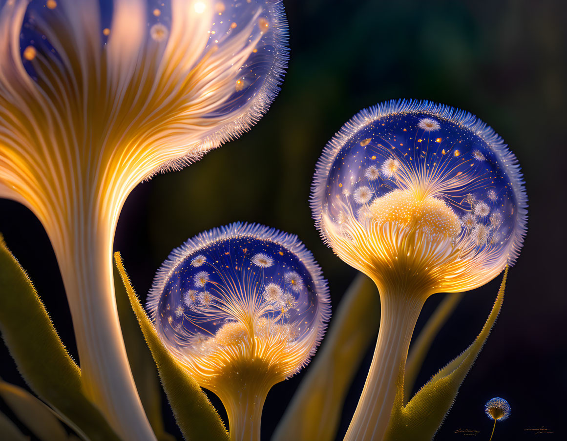 Fantasy mushrooms with translucent caps and intricate patterns on dark background