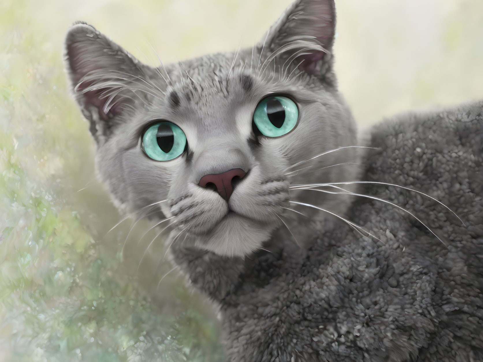 Grey Cat with Turquoise Eyes and Whiskers Against Textured Background