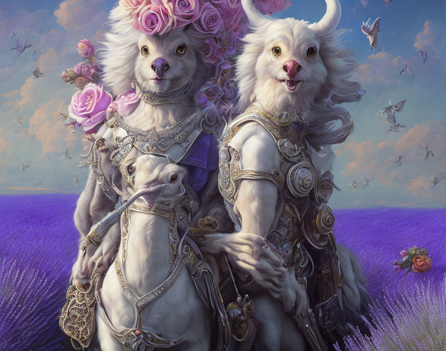 Regal lion-faced creatures in armor with roses, standing in lavender field.