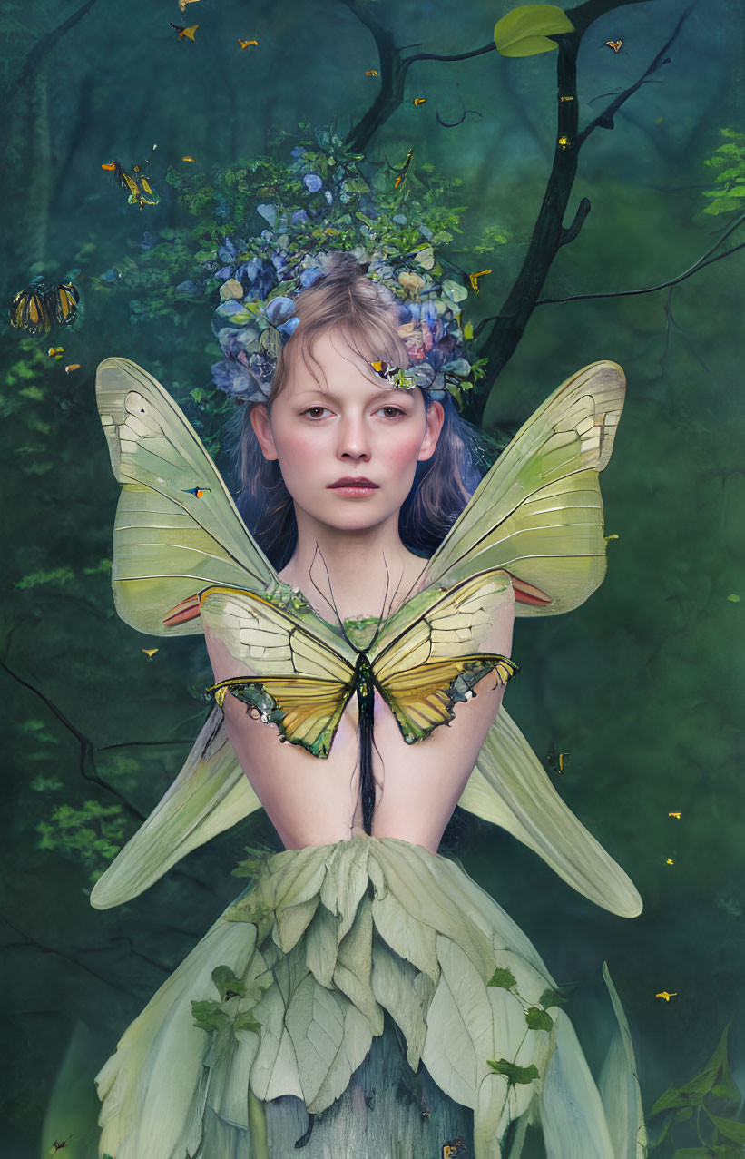 Person with Butterfly Wings and Floral Crown in Ethereal Forest Scene