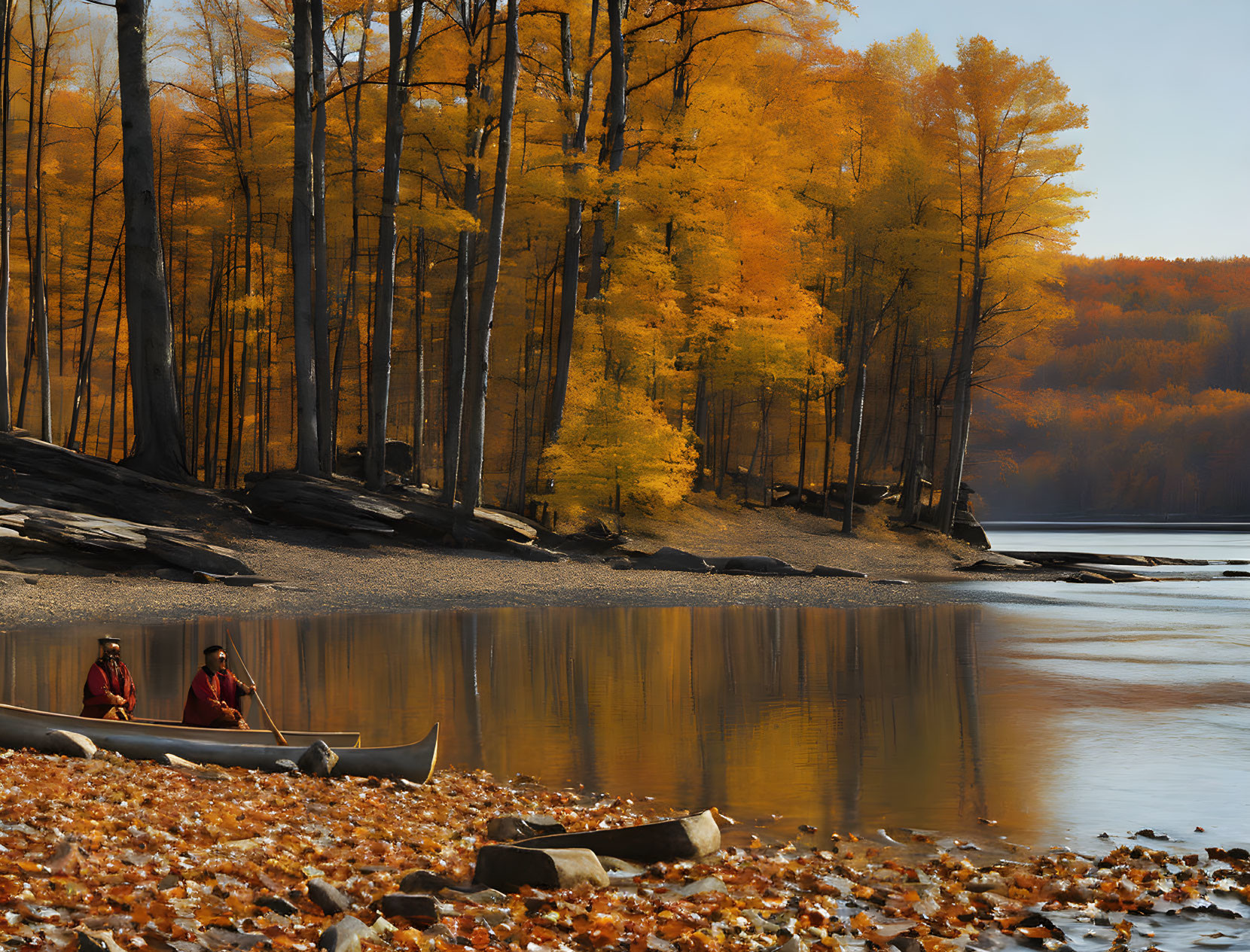 Autumn scene: Two people canoeing on calm lake amid golden trees