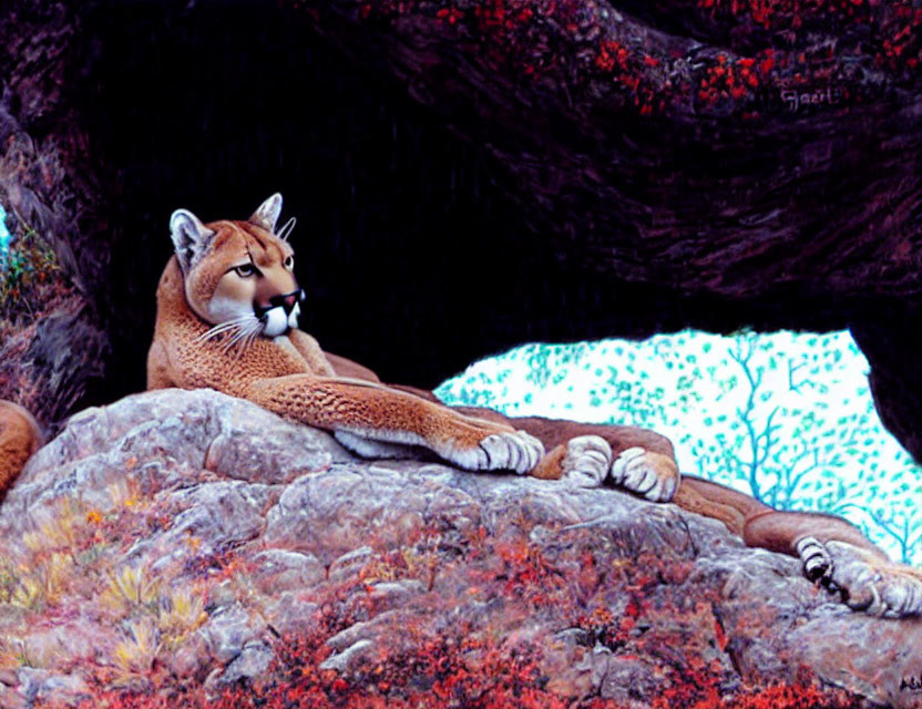 Mountain lion resting on rocky ledge with dark cave entrance and white-pebbled terrain in the background