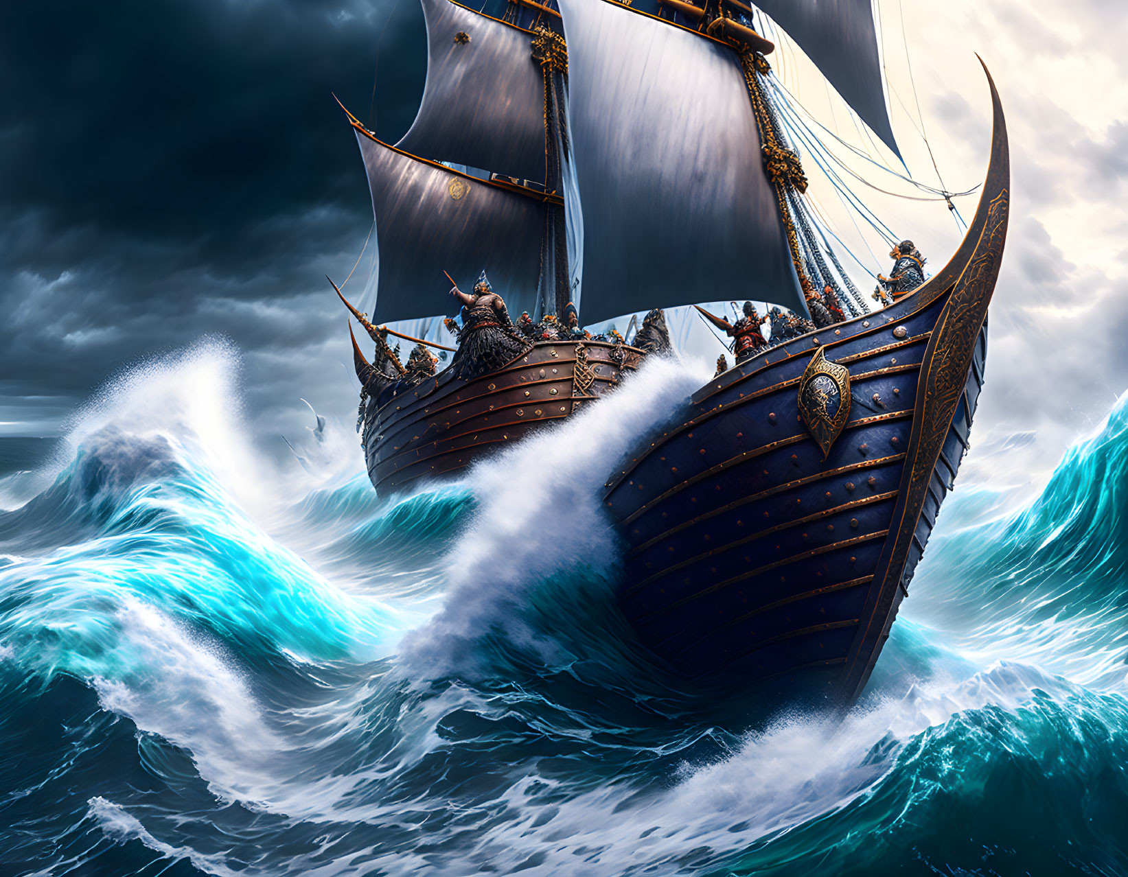 Majestic ship with billowing sails on stormy ocean waves