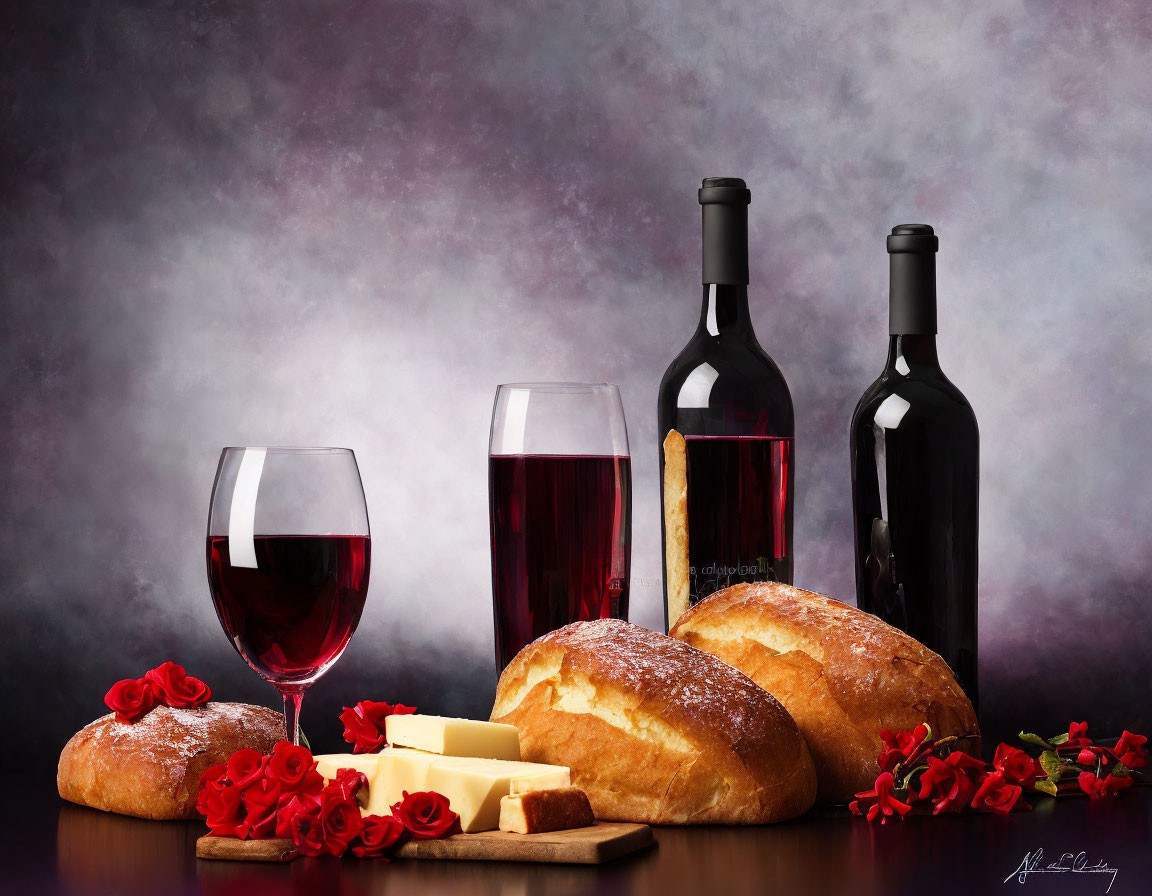 Still Life Composition: Bread, Cheese, Red Wine, Bottles & Flowers on Textured Backdrop