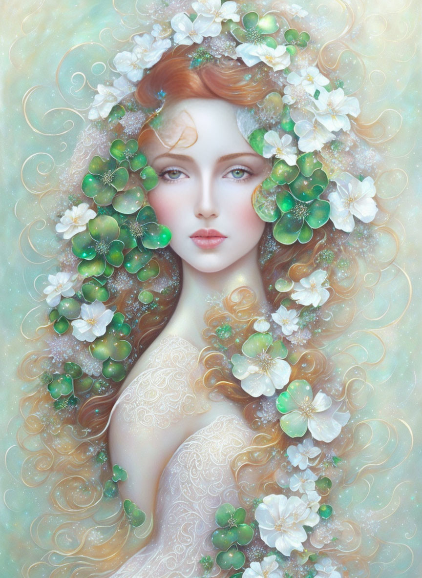 Ethereal artwork: Woman with flowing red hair and nature-inspired adornments