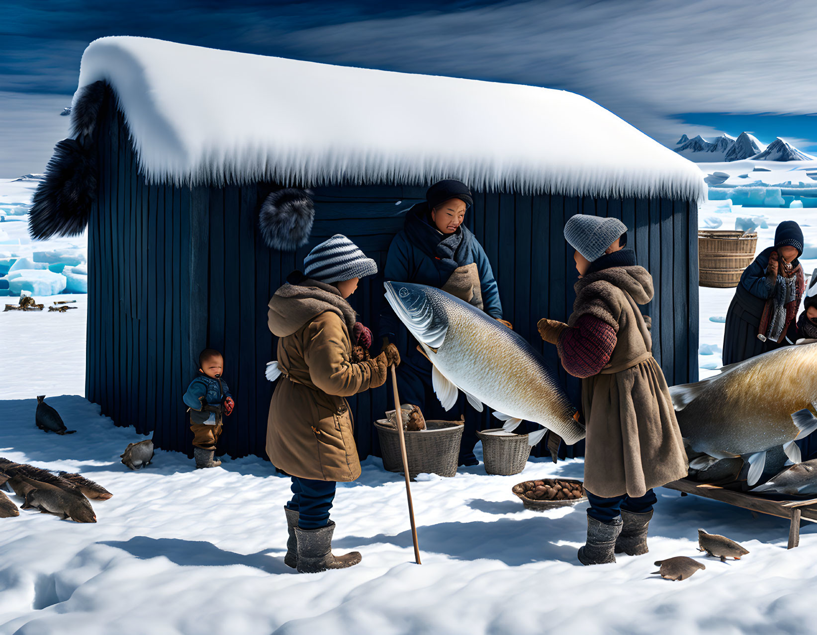 People in winter clothing trading large fish near snow-covered hut in icy landscape