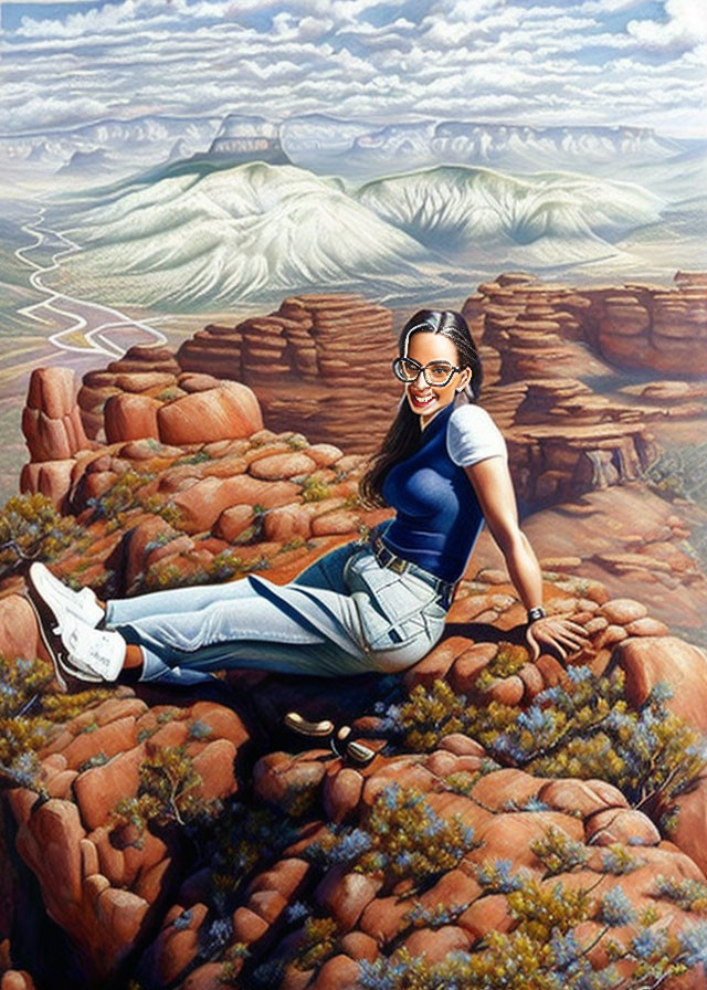 Smiling woman in casual attire on rocky terrain with canyon and river backdrop