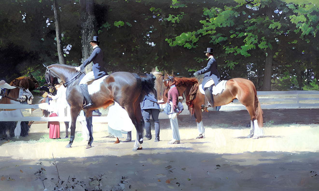 Equestrians in formal attire on horses in sunny arena with spectators.