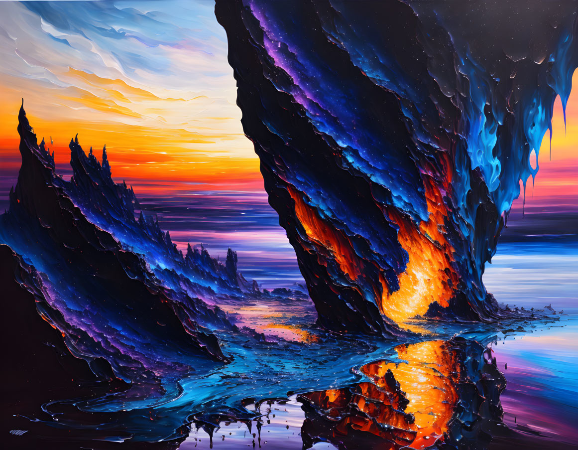 Colorful fantasy landscape with fiery cliffs and reflective water