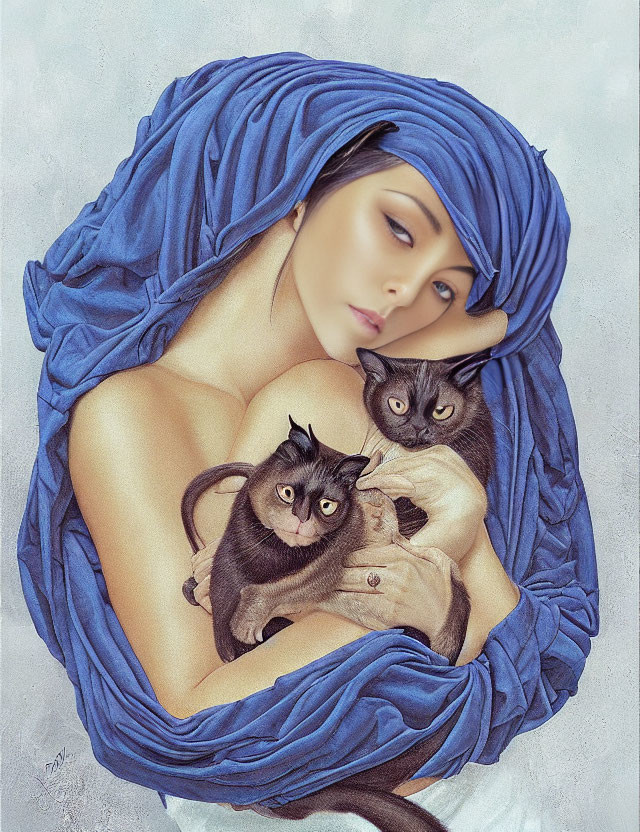 Woman in Blue Headscarf with Siamese Cats on Textured Background