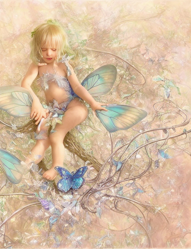 Illustration of young fairy with wings in floral fantasy scene