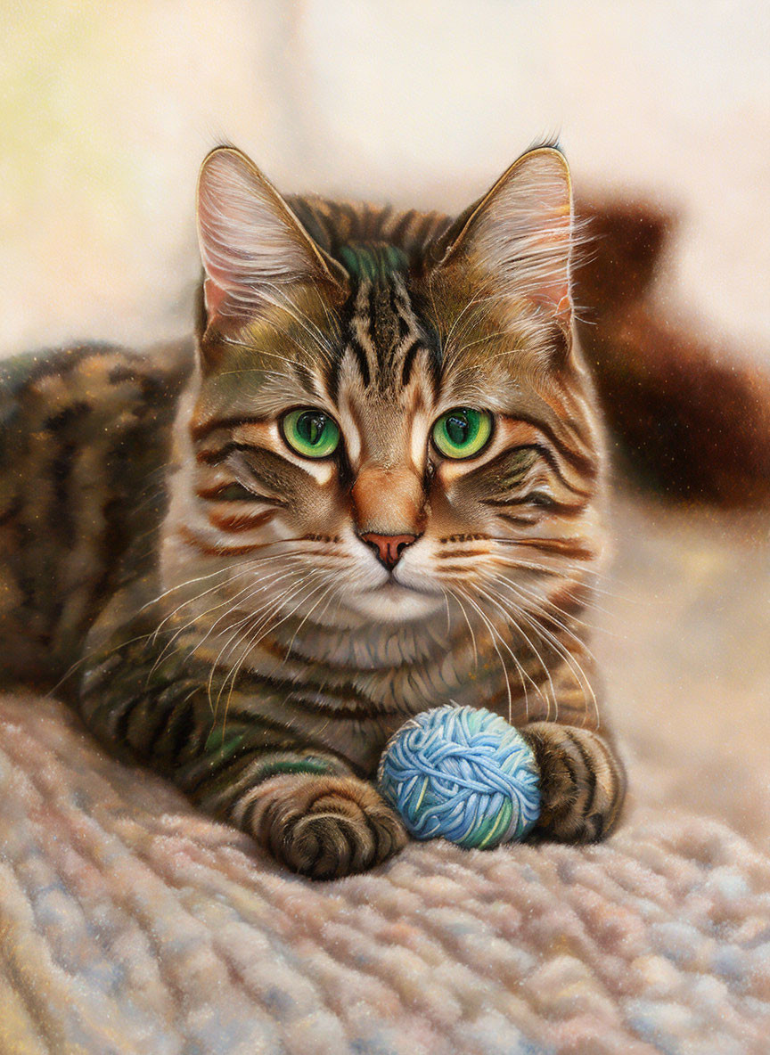 Tabby Cat with Green Eyes Resting by Blue Yarn Ball