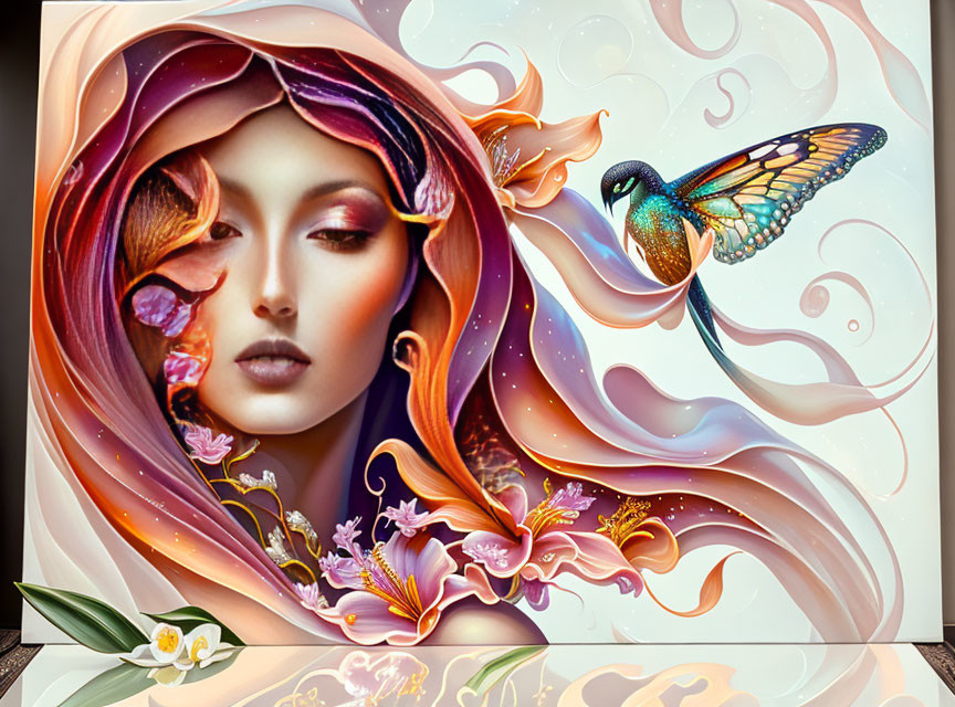 Colorful surreal artwork of woman with flowing hair, flowers, and butterfly