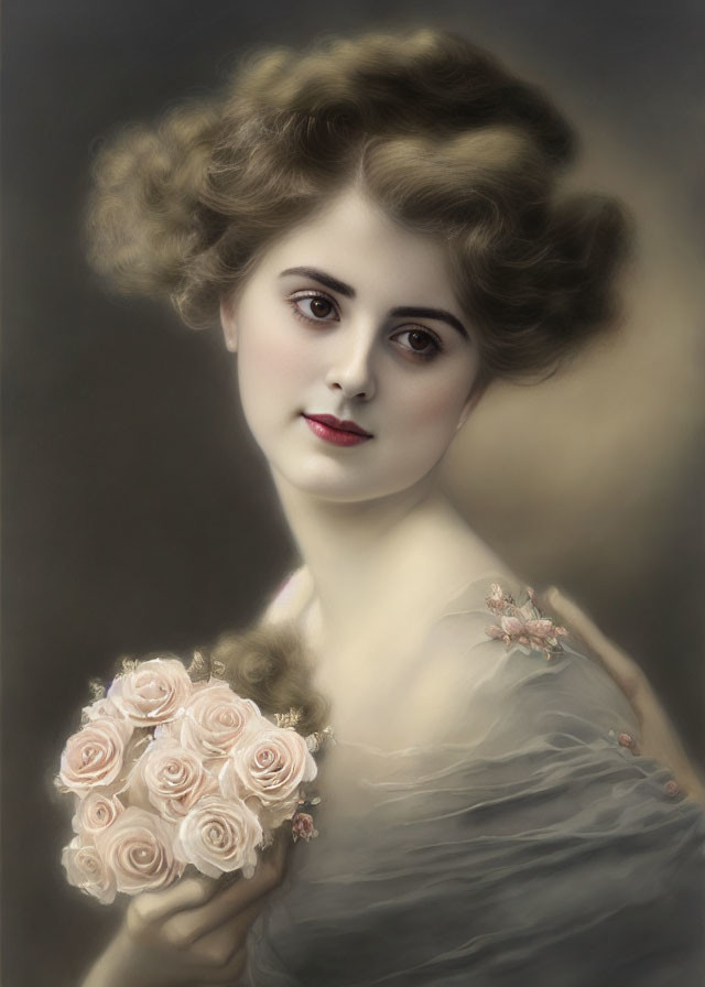 Vintage Portrait: Woman with Elegant Hairstyle and Pale Pink Roses Bouquet