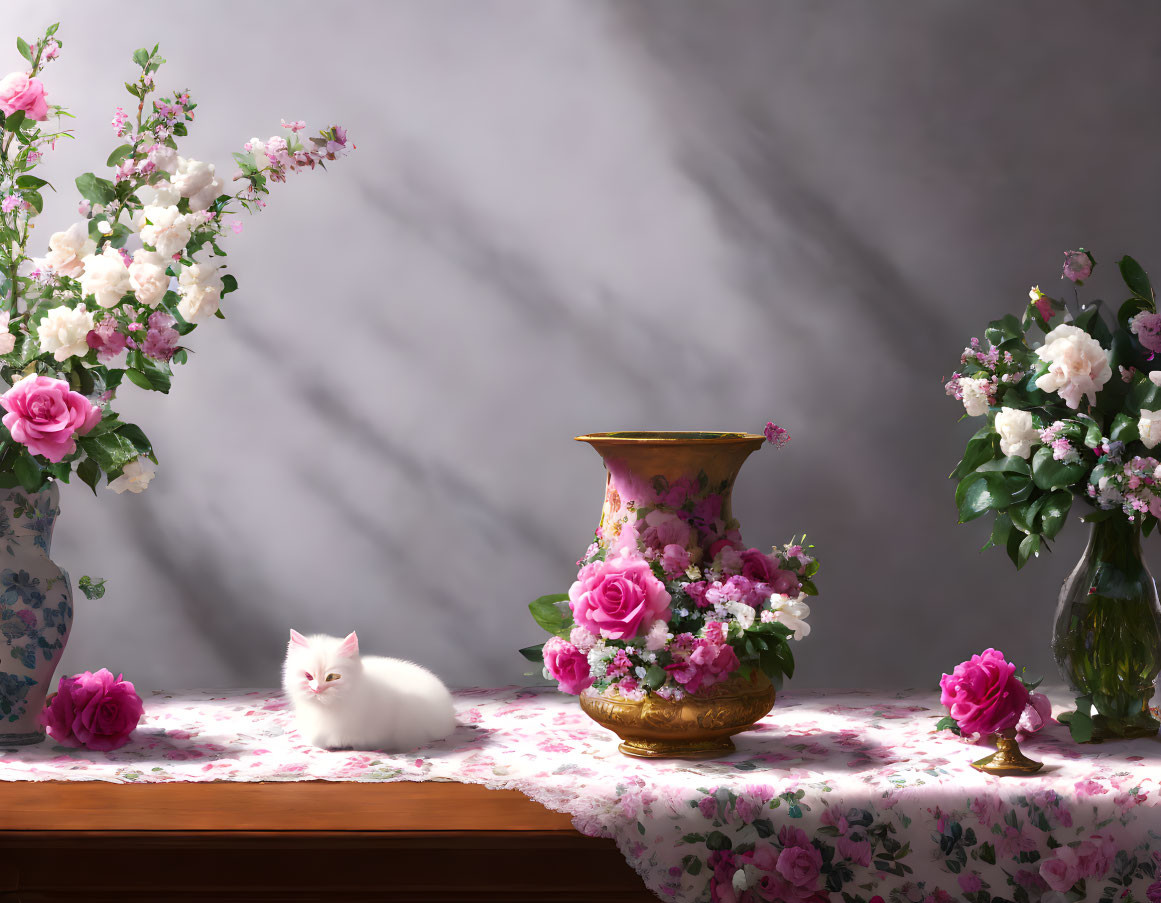 White Cat Next to Gold-Trimmed Vase and Pink Roses on Floral Tablecloth