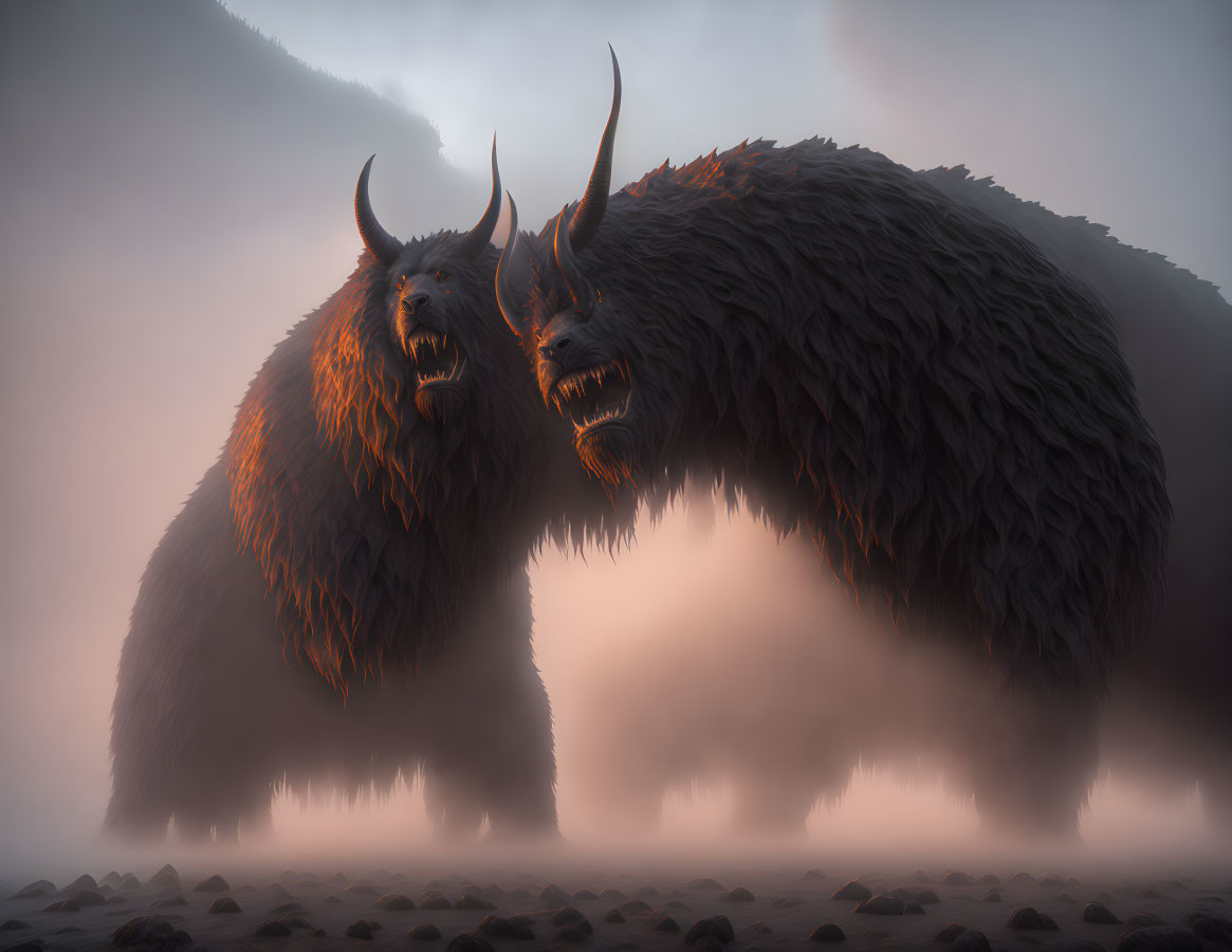 Two Large, Hairy Beasts with Curved Horns in Misty Landscape