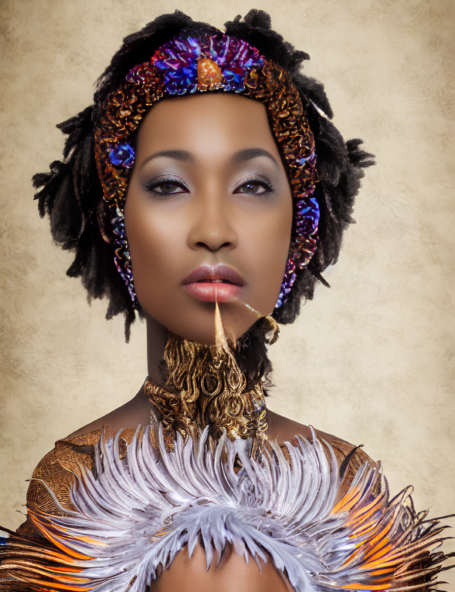 Ornate headgear and jewelry with gold accents and white feathers on a woman against beige background