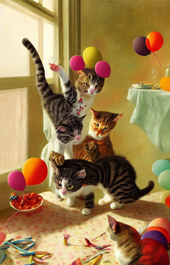 Five cats at a colorful party with balloons, streamers, and goldfish bowl