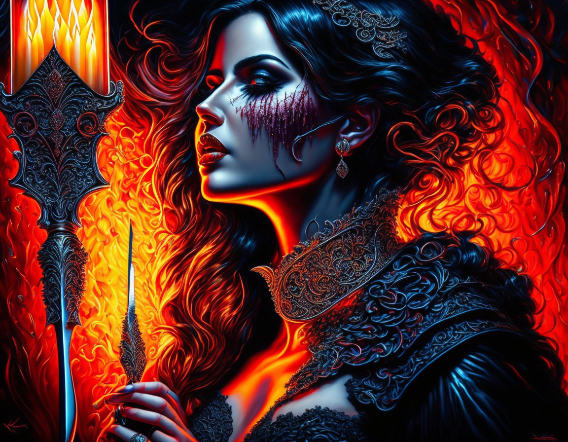 Dark-haired woman with tear of blood wields ornate blade in fiery fantasy scene