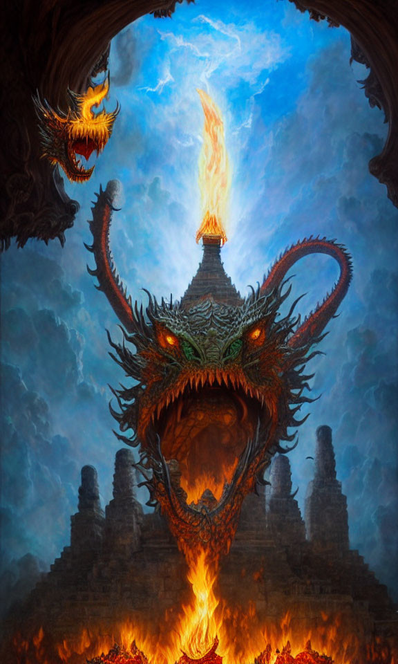 Elaborate horned dragon breathing fire in twilight scene