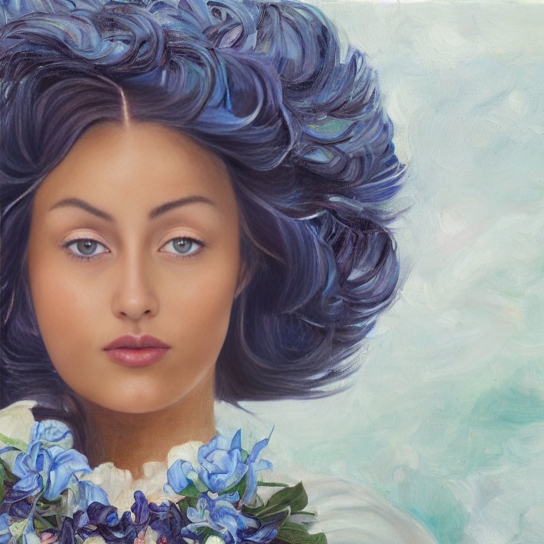 Woman with voluminous blue hair and floral dress in artistic rendering