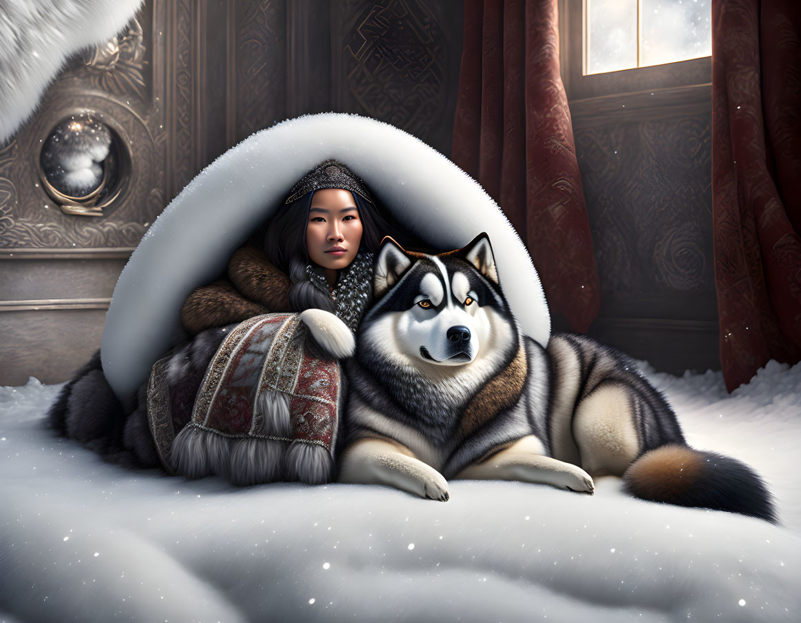 Girl and husky by snowy window, girl in warm ethnic clothes, husky curled up.