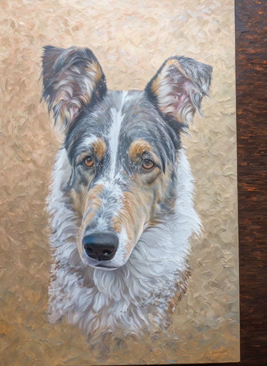 Realistic painting of alert dog with multicolored fur