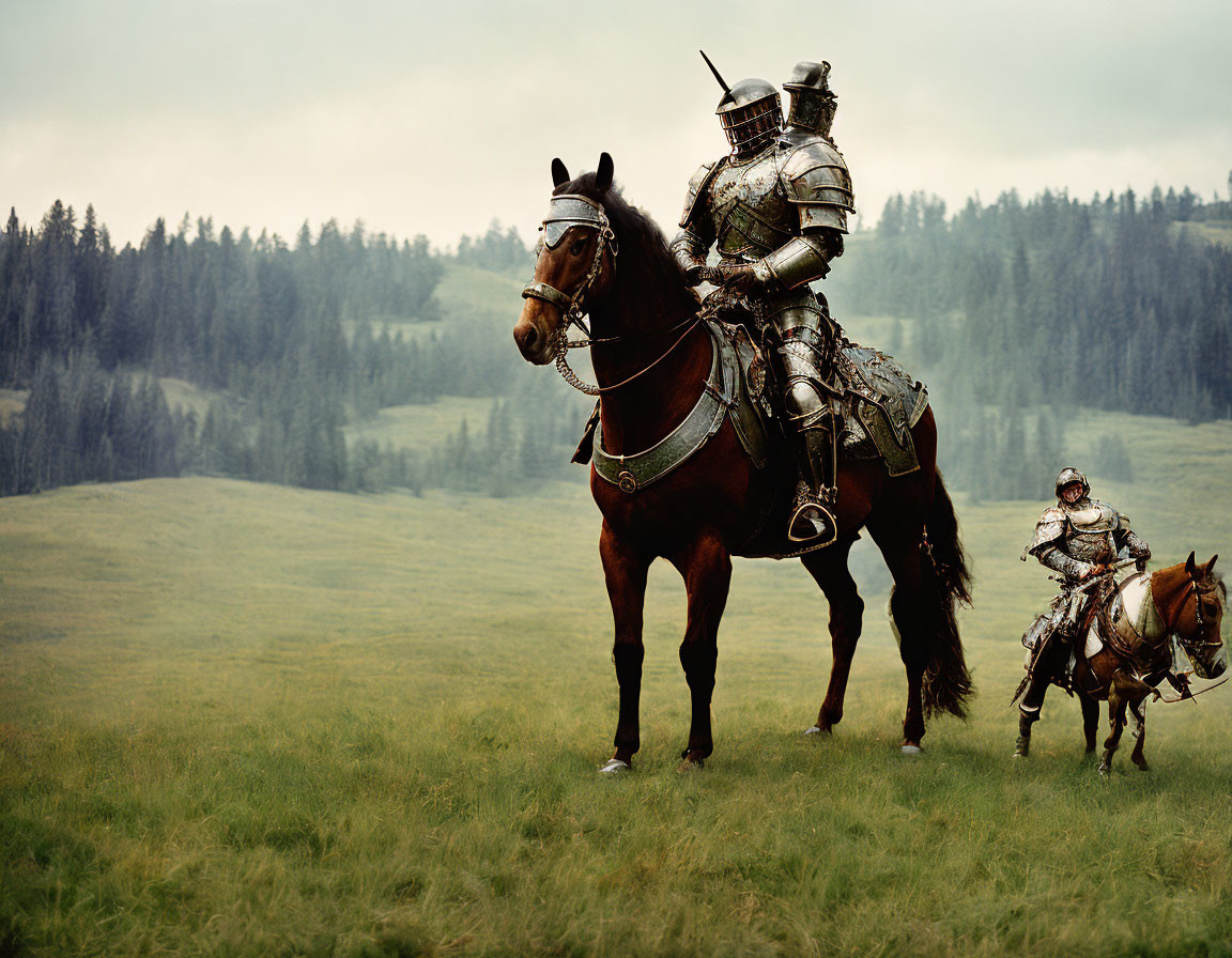 Medieval knights on horseback in grassy field with forest scenery