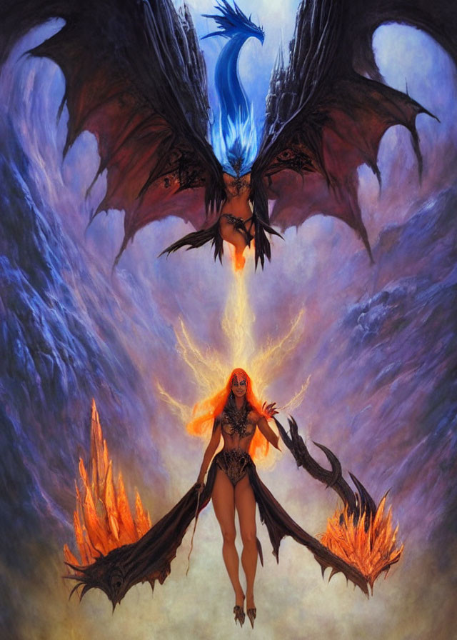 Fantasy scene: Winged female and blue dragon with fiery elements