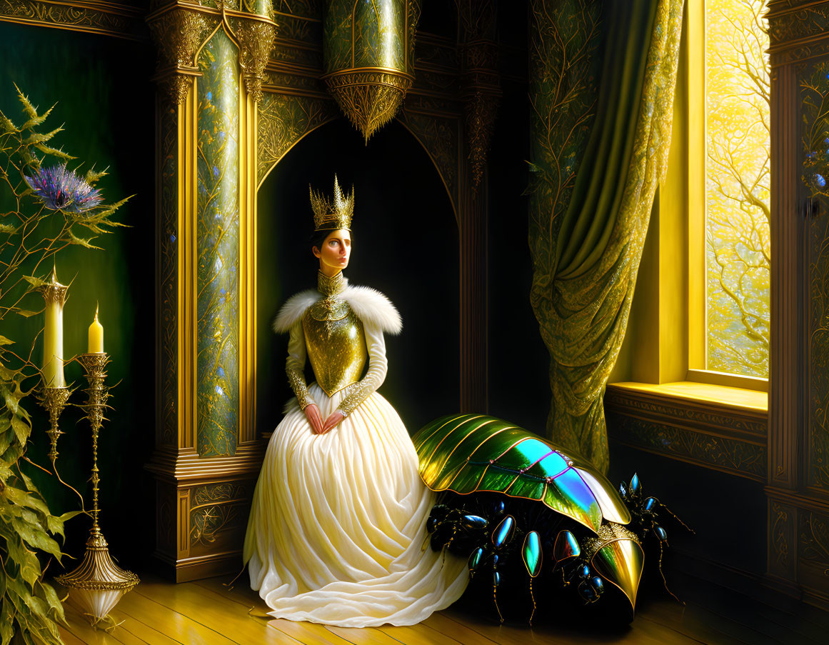 Regal woman in white and gold dress with beetle under candle-lit chandelier.