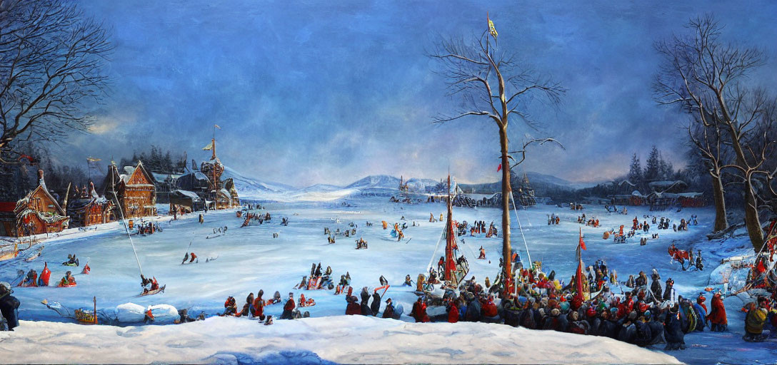 Frozen River with Ice Skating People in Winter Scene