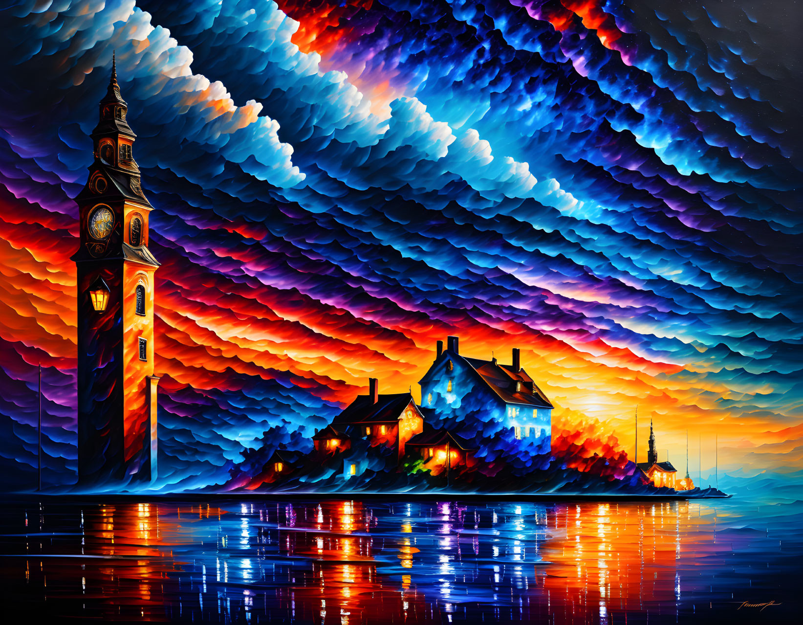 Coastal village painting: clock tower, sunset, fiery sky, dynamic clouds