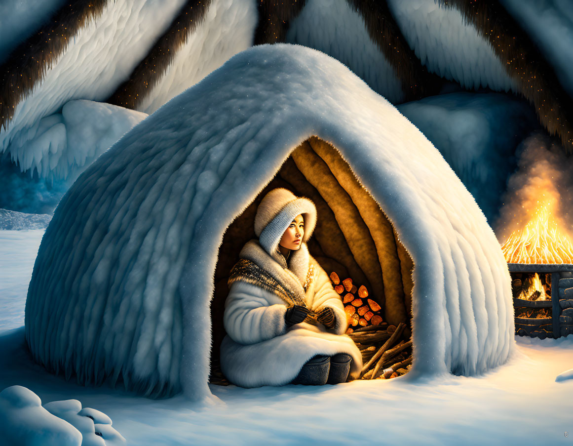 Person in Warm Clothing Sitting Inside Snow-Covered Igloo