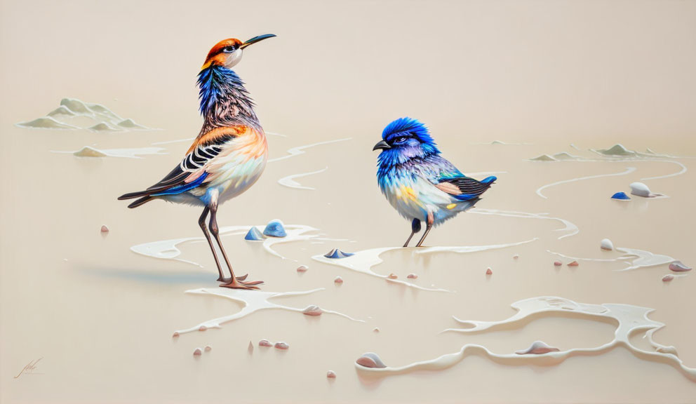 Colorful Stylized Birds on Creamy Surface with Stones and Liquid Swirls