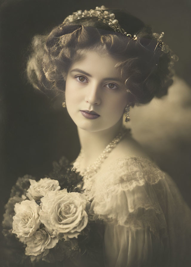 Vintage Portrait of Young Woman with Elegant Hairstyle and Floral Headpiece