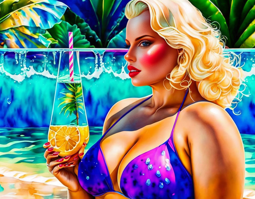 Blonde Woman in Purple Swimsuit with Tropical Drink in Lush Foliage