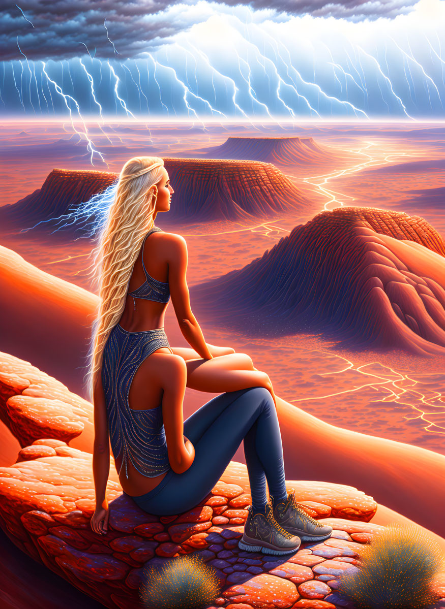 Woman sitting on rock gazes at dramatic desert lightning scene