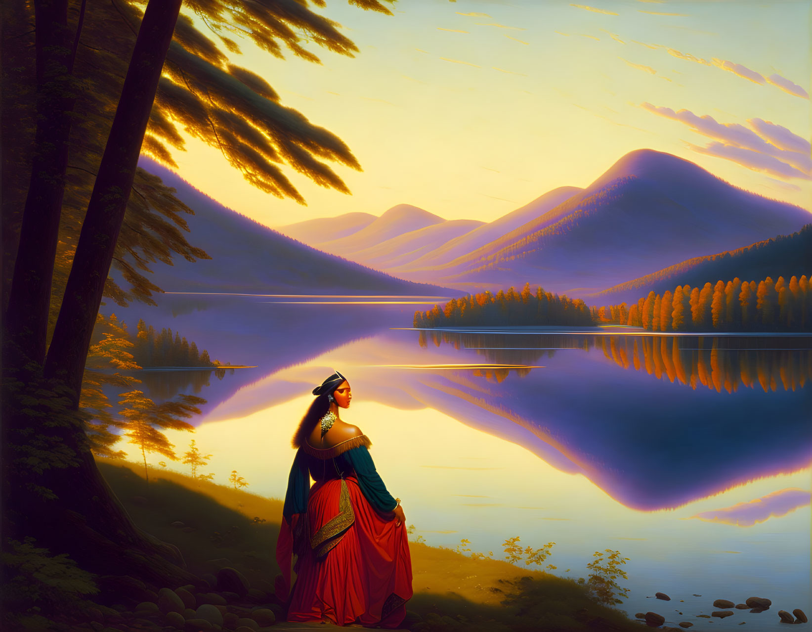 Woman by calm lake at sunset with mountains and vibrant sky reflected