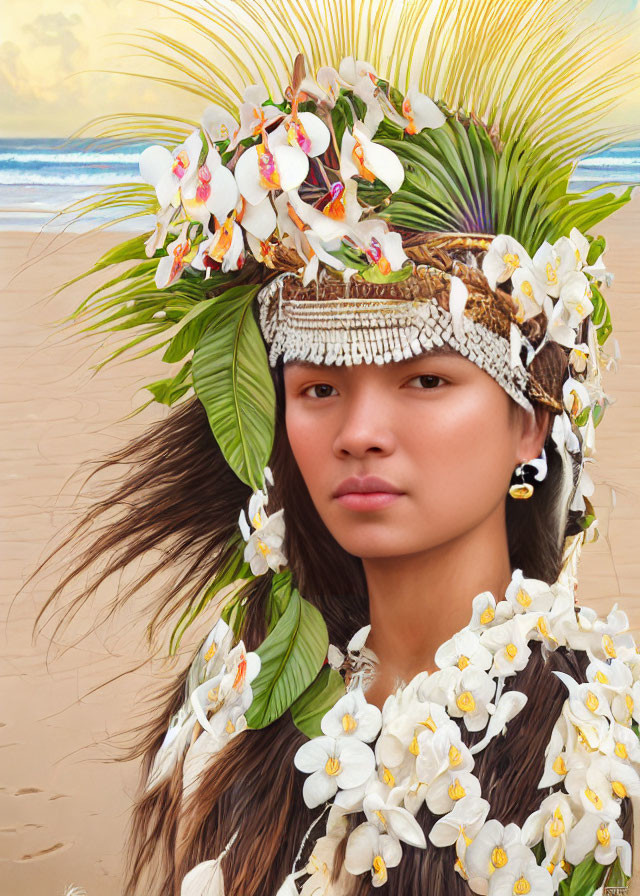 Tropical headdress with white flowers and leaves on beach background