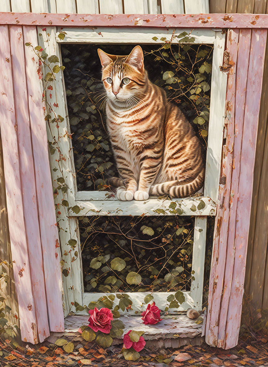 Tabby Cat in Wooden Window Frame with Ivy and Roses