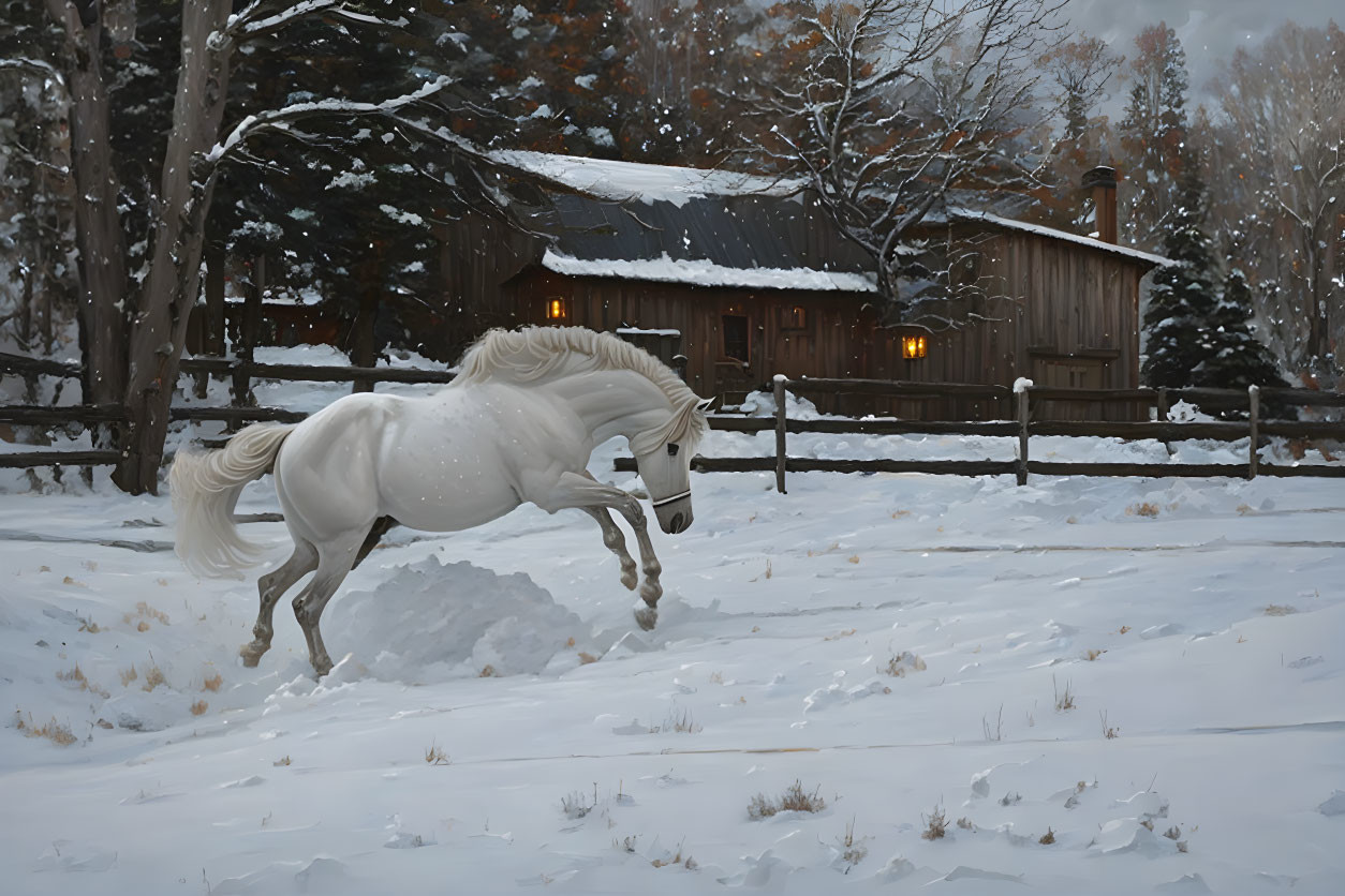 White horse galloping in snow with cozy cabin and wintry trees.