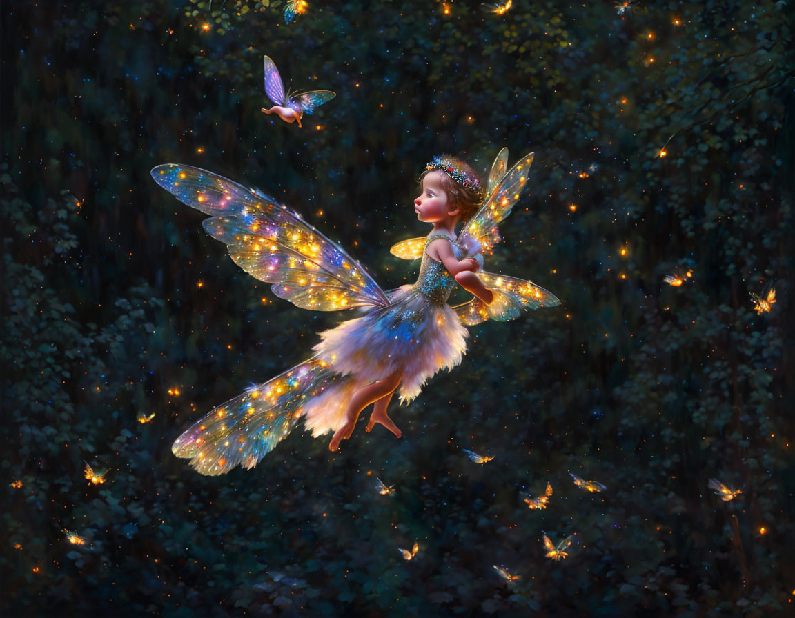 Iridescent-winged fairy in twilight forest with butterflies and glowing orbs