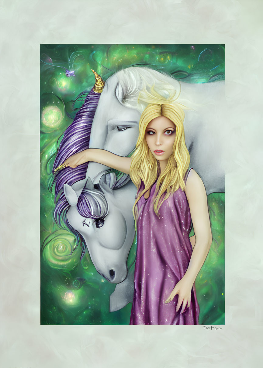 Blonde woman in purple dress with white unicorn on mystical green swirl background