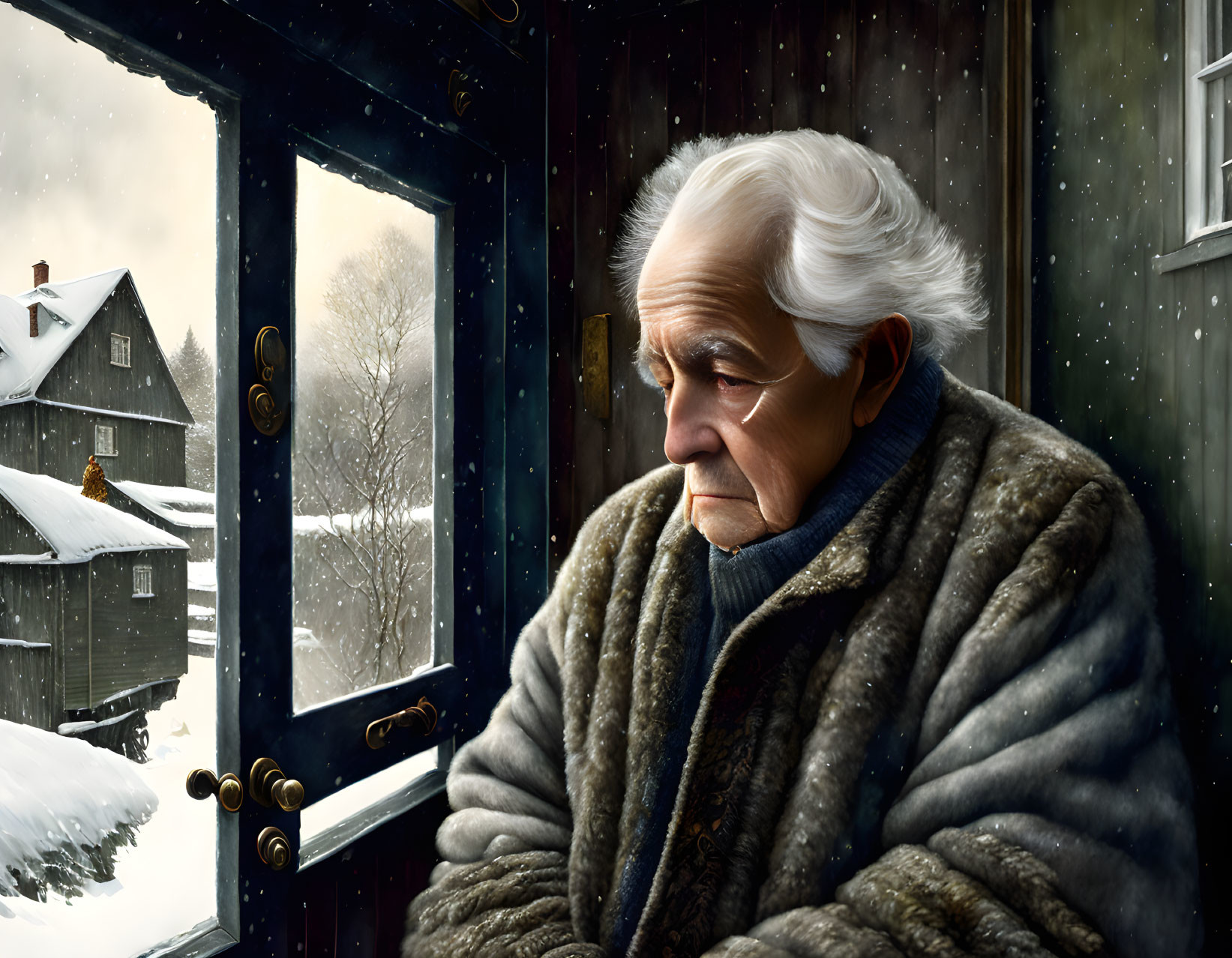 Elderly man with white hair gazes out window at snowy landscape