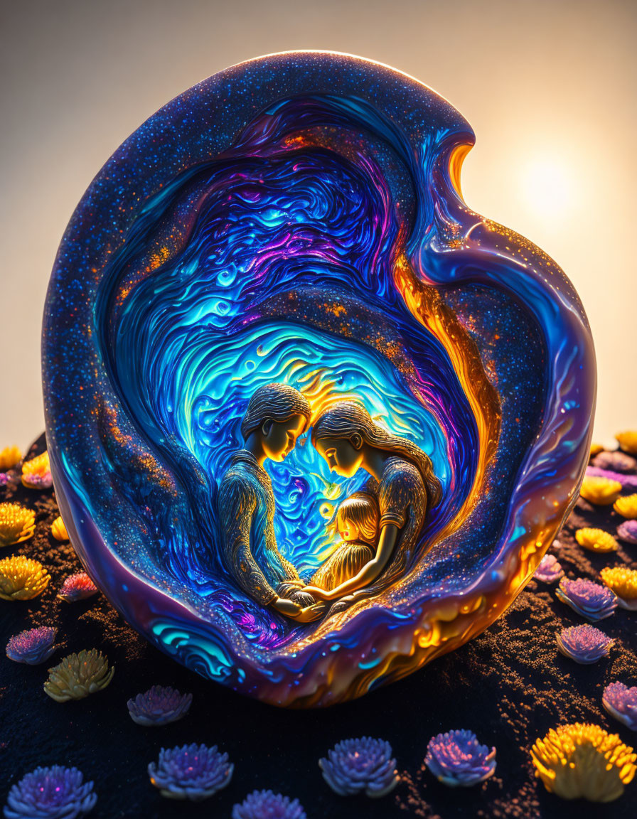 Glowing figures embrace in cosmic shell amid colorful swirls