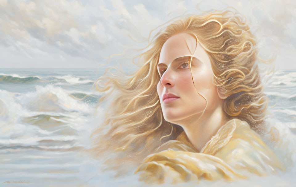 Blonde woman with flowing hair against ocean waves background