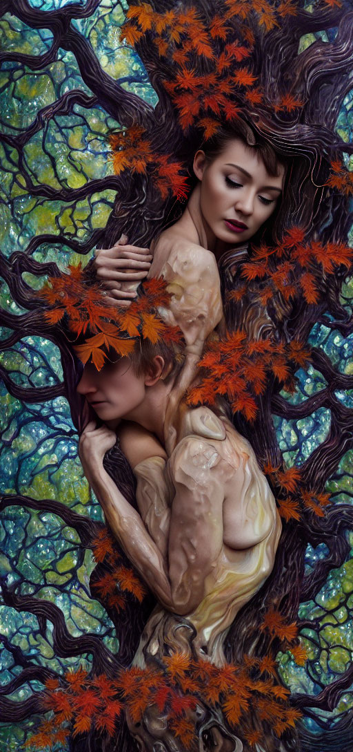 Stylized artwork of two people with tree and vibrant leaves