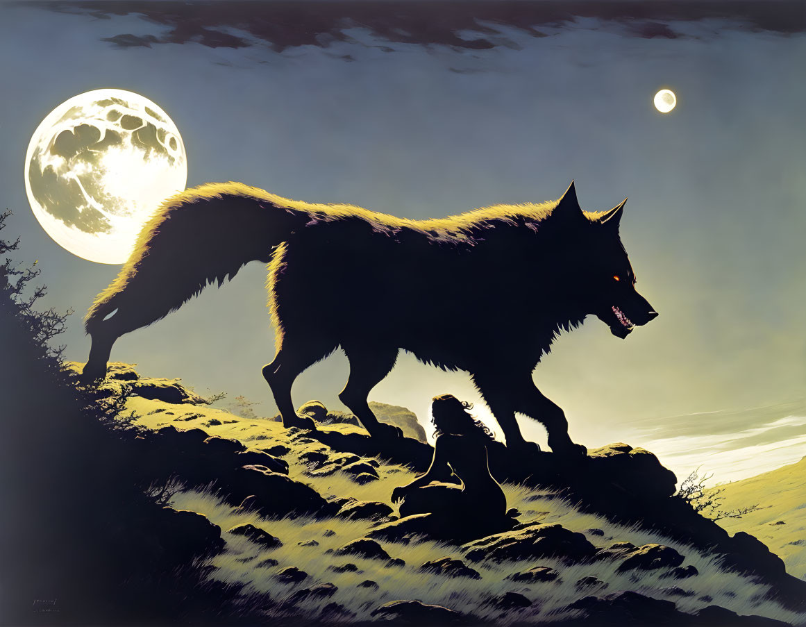 Wolf and Crow Silhouette Against Full Moon in Twilight Sky